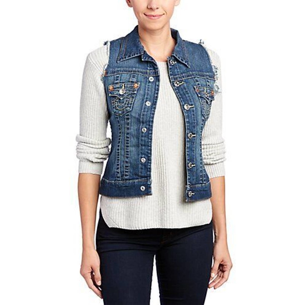 True Religion Basic Cut Off Denim Vest Jacket Dark Drifter w/o Rips XS Nwt $275